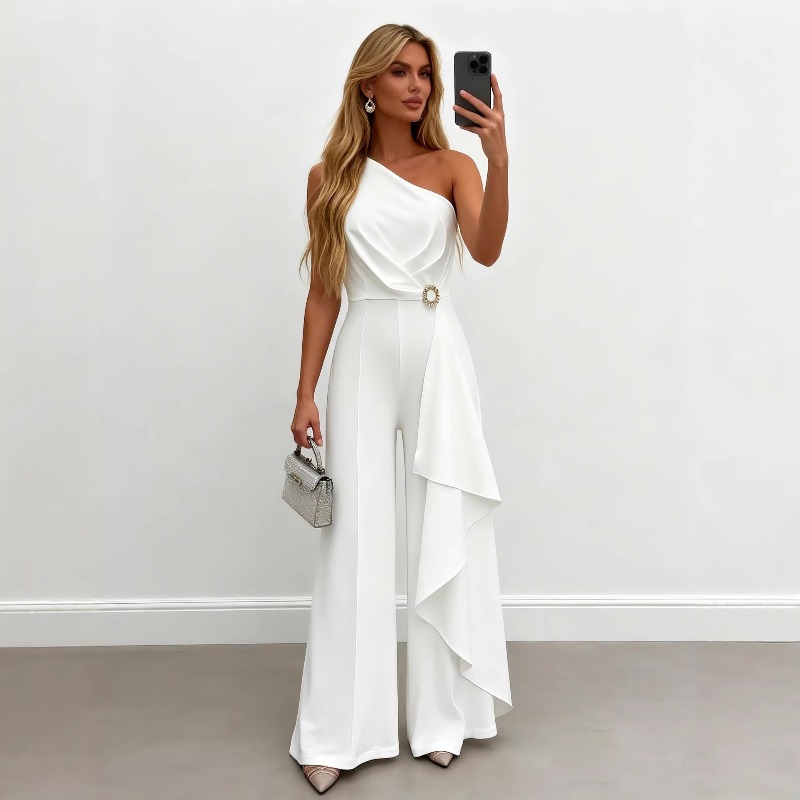 Women'S Formal Jumpsuit Evening Wear - Elegant Women's White One Shoulder Jumpsuit