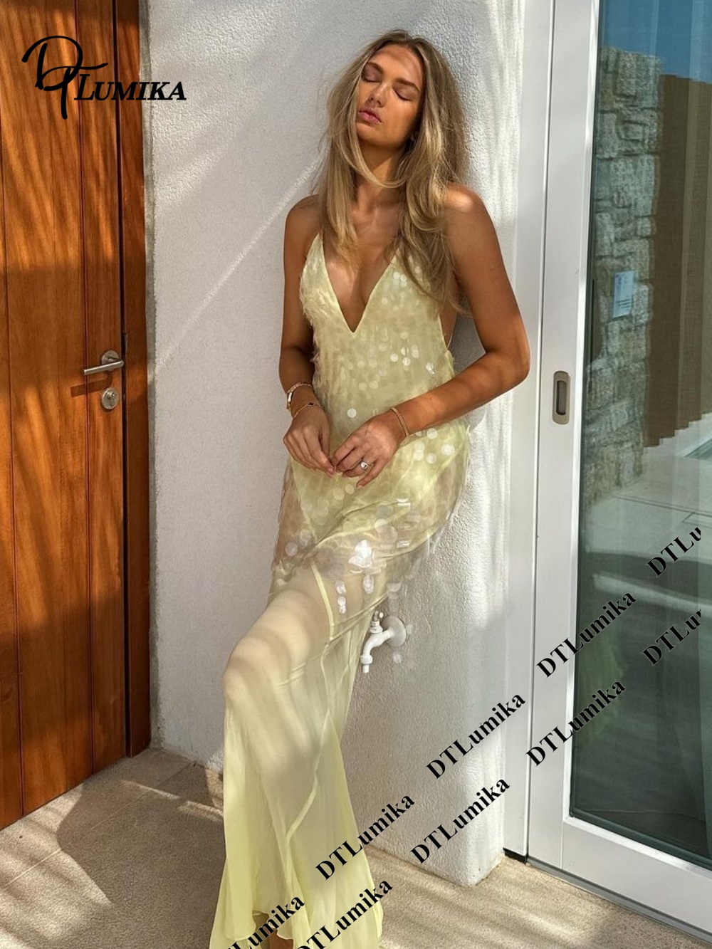Women Formal Wear Dress - DTLumika Pale Yellow Sequin Slip Maxi