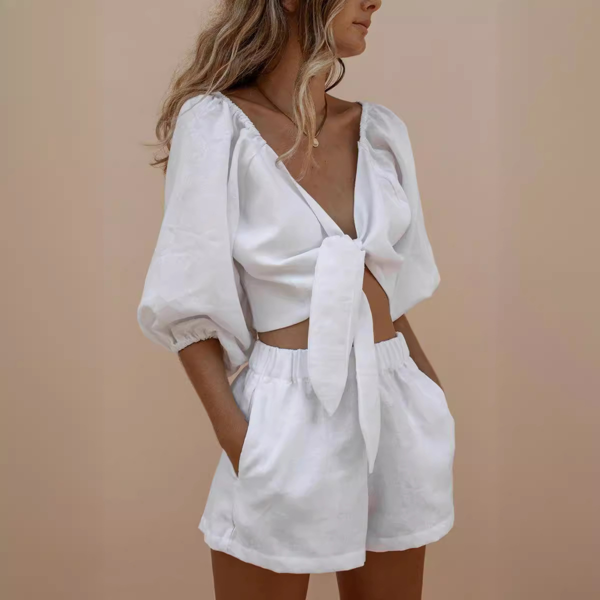 Monochrome Suit Set - Puff Sleeve Lace Shorts Monochrome Suit