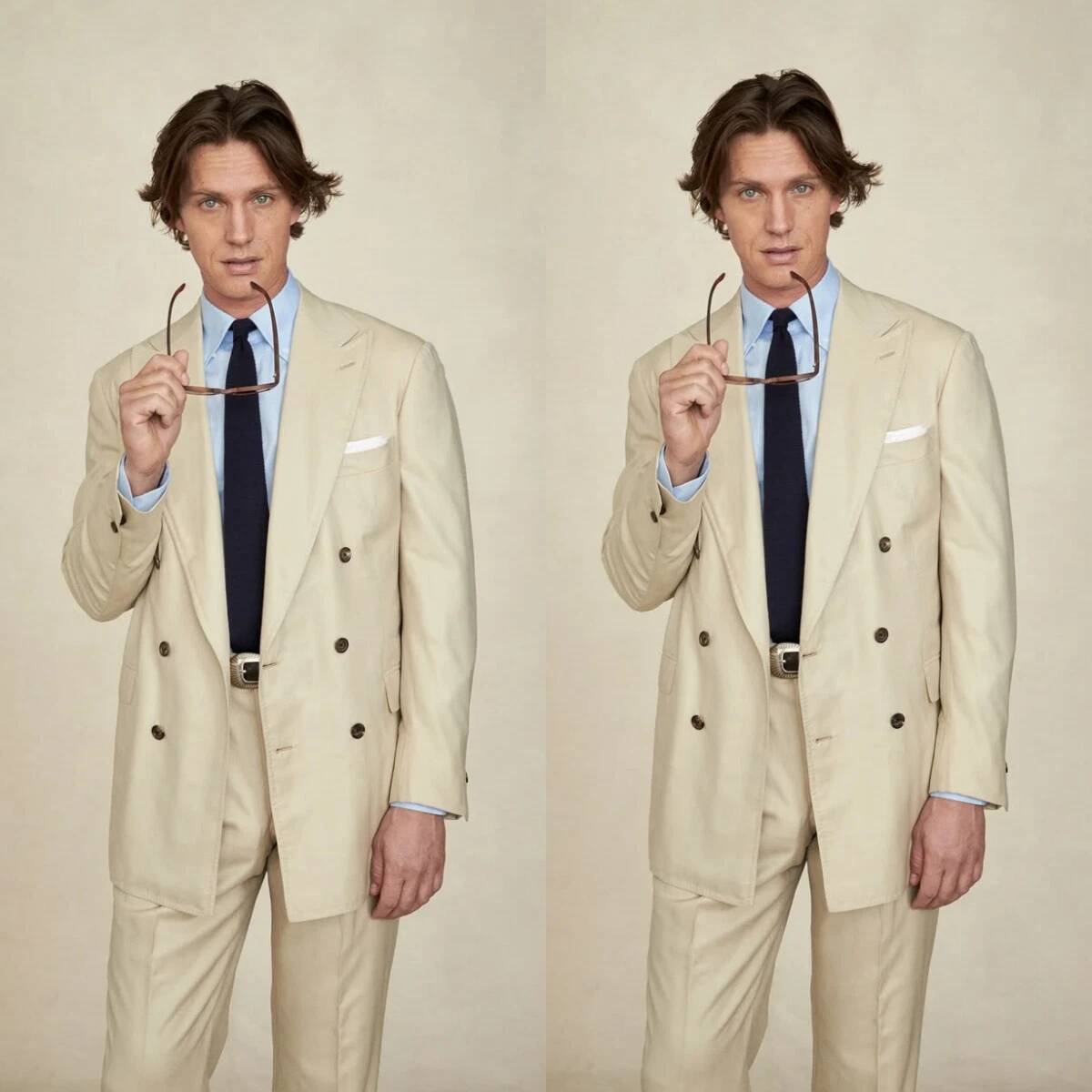Tailored Trouser Wide - Beige Wide Peak Lapel Double Breasted