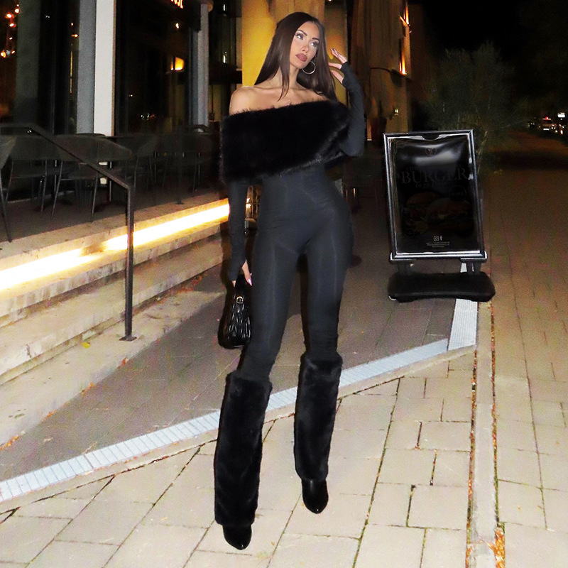 Women'S Formal Jumpsuit Evening Wear - Luxury Fur Women Jumpsuit Sexy Off