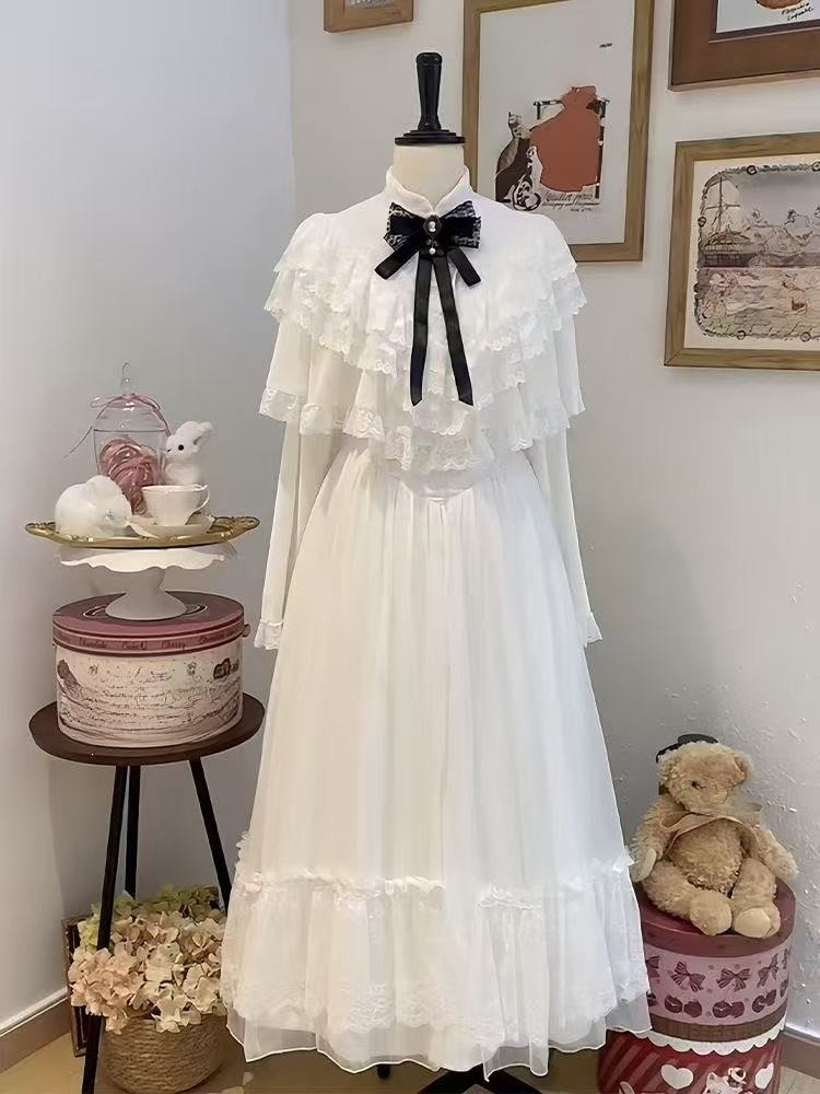Women Formal Wear Dress - Japanese Short Sleeve Bow Lace Dress