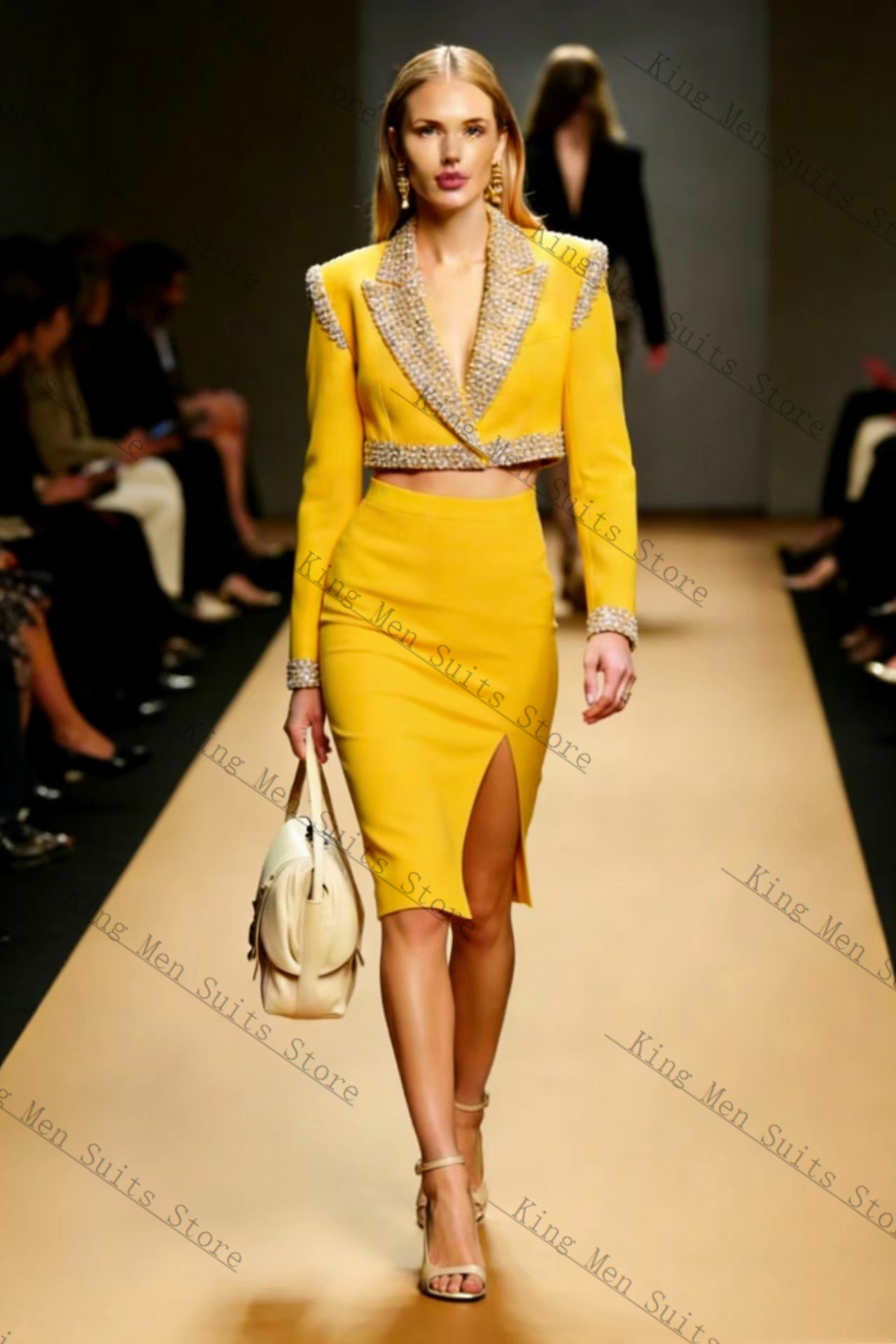 Women Formal Wear Blazer Set - Yellow Crystals Women Suit Skirt Set