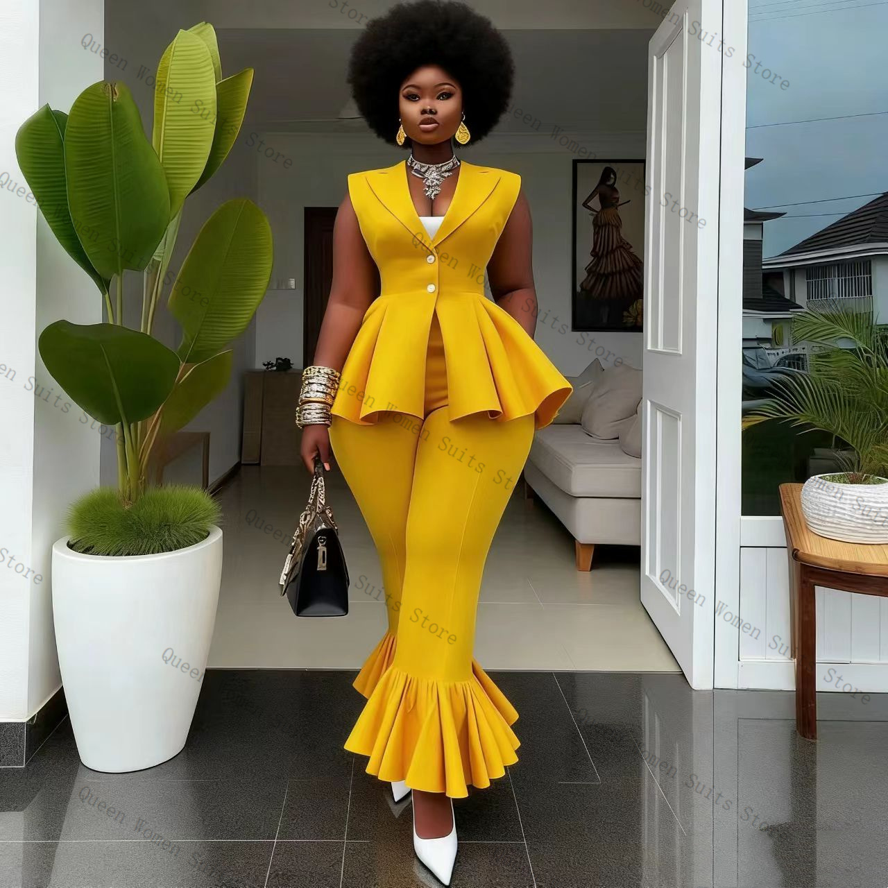Women Formal Wear Coat - Yellow Women Suit Pants Set 2