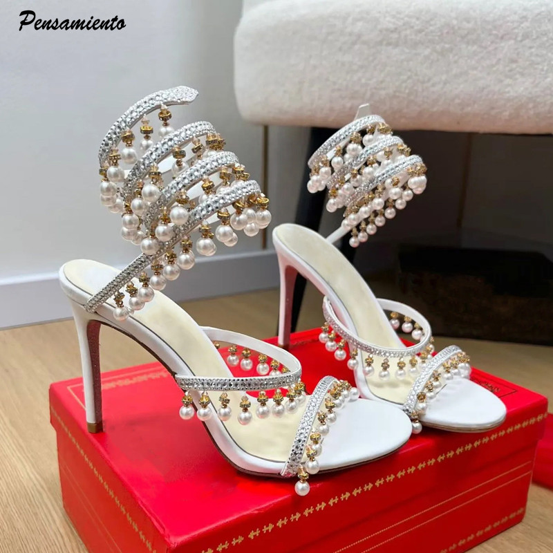 Women Formal Wear For Wedding - Luxury Rhinestones Pearls Tassels Women Gladiator