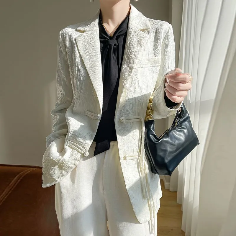 Women Formal Wear Coat - Women's White Textured Blazer Jacket Notched