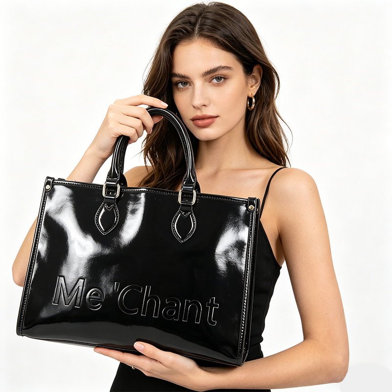 Women Black Glossy Patent PU L - Structured Handbag Work 评论和价格