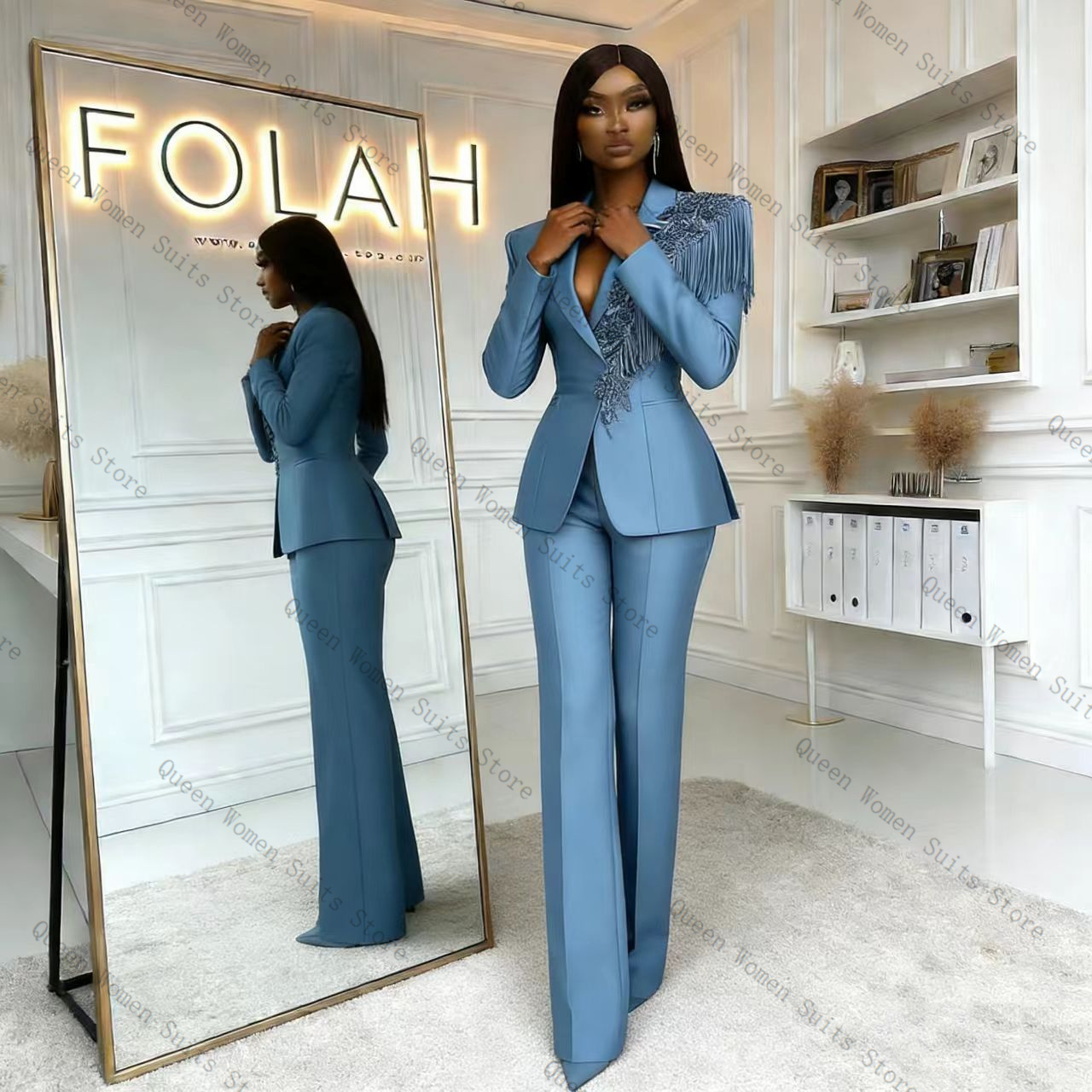 Tassel Blue Women Suit Pants S - Women Formal Wear Blazer Set 评论和价格