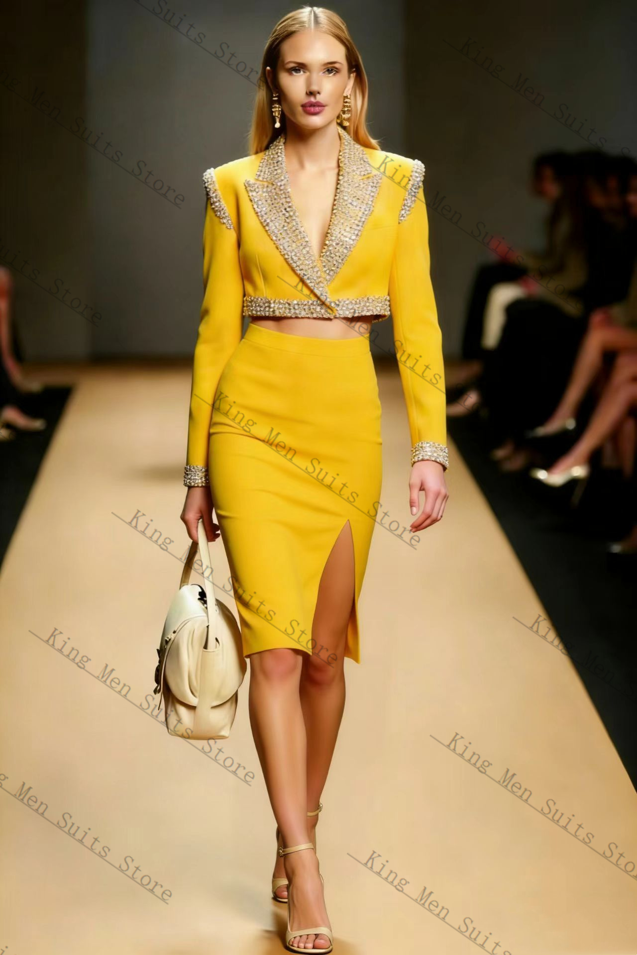 Yellow Crystals Women Suit Ski - Women Formal Wear Blazer Set 评论和价格