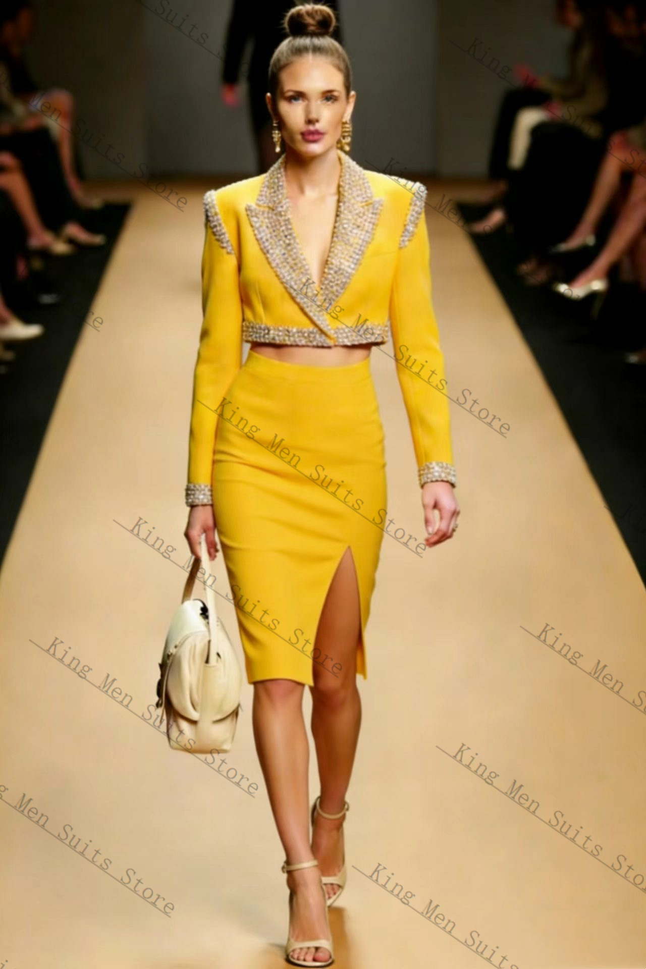 Yellow Crystals Women Suit Ski - Women Formal Wear Blazer Set 评论和价格