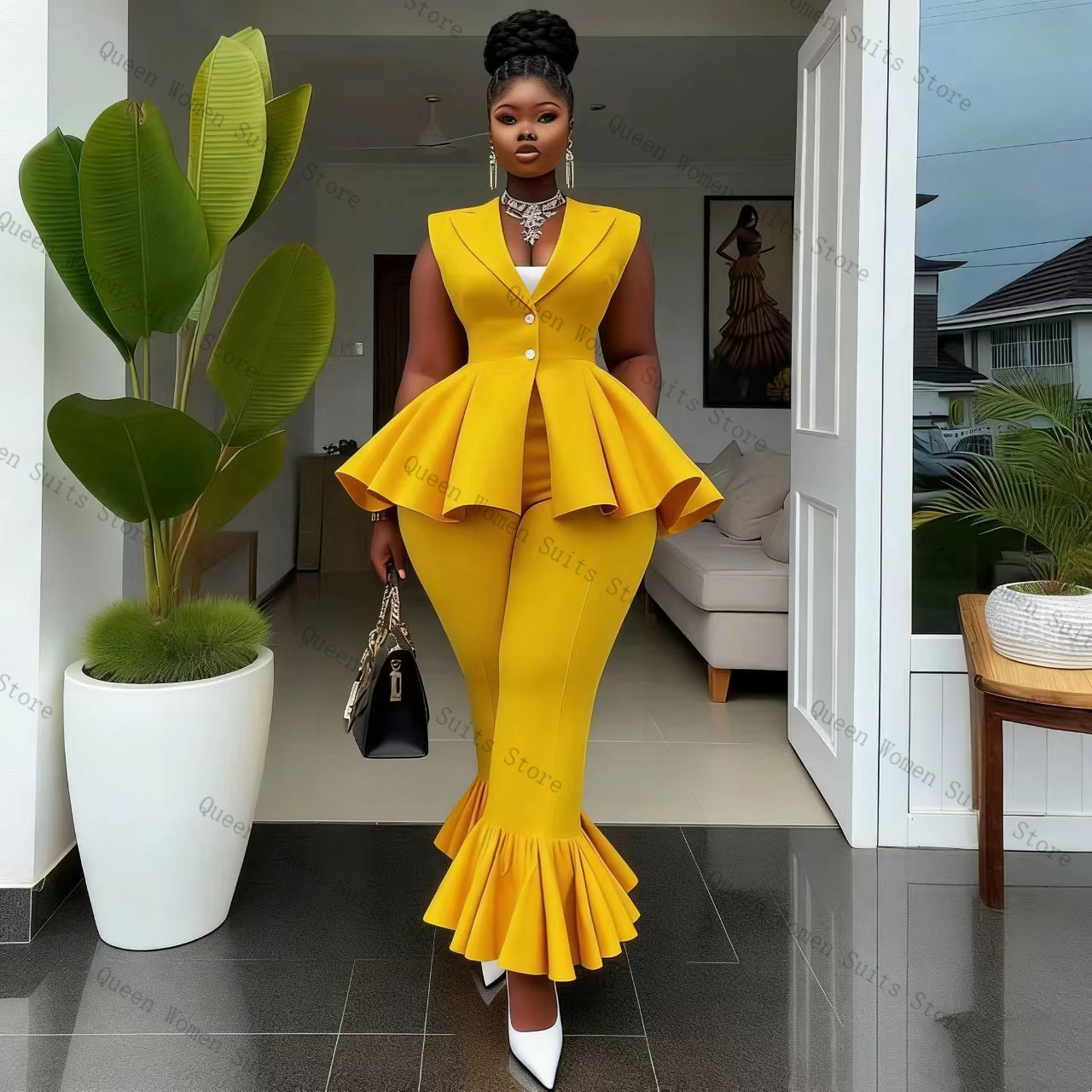 Yellow Women Suit Pants Set 2  - Women Formal Wear Coat 评论和价格