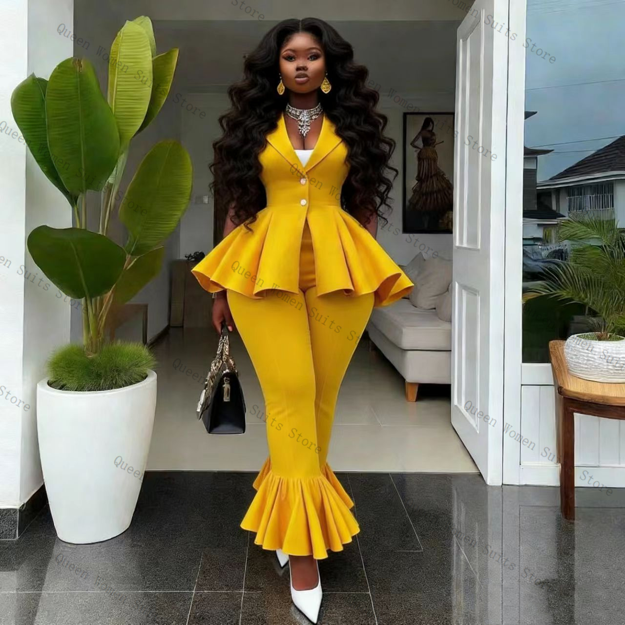 Yellow Women Suit Pants Set 2  - Women Formal Wear Coat 评论和价格