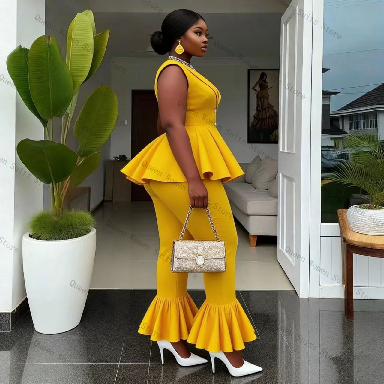 Yellow Women Suit Pants Set 2  - Women Formal Wear Coat 评论和价格