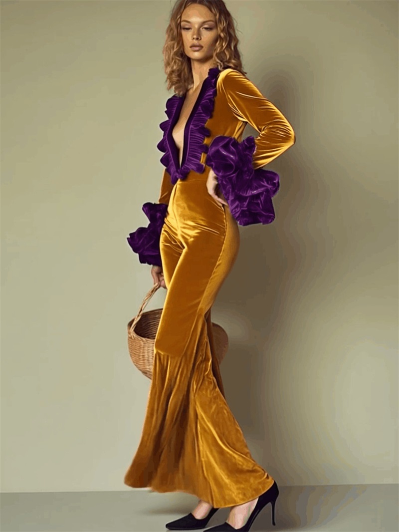 Yellow Purple Velvet Women Jum - Women'S Formal Jumpsuit Evening Wear 评论和价格