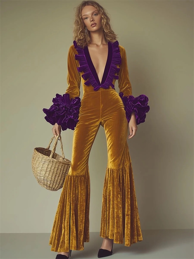 Yellow Purple Velvet Women Jum - Women'S Formal Jumpsuit Evening Wear 评论和价格